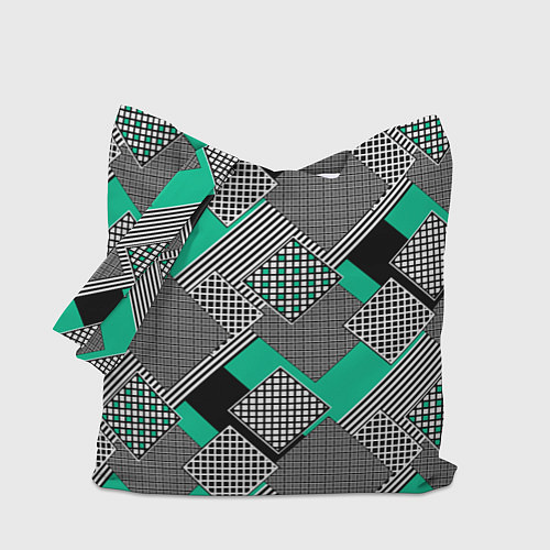 Сумка-шоппер Черно бирюзовая абстрактная геометрия пэчворк / 3D-принт – фото 1