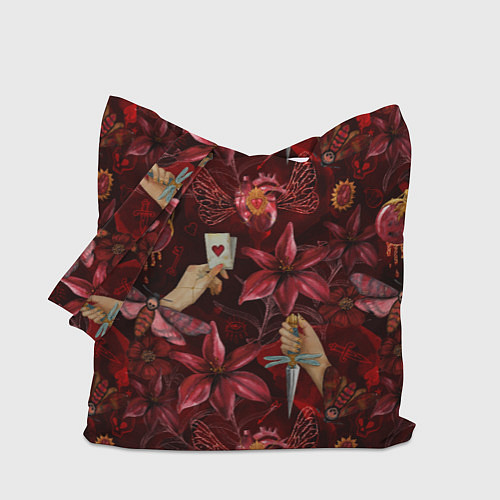 Сумка-шоппер Бордовая готика с сердцем, лилиями и мотыльками / 3D-принт – фото 1