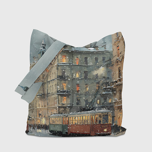 Сумка-шоппер Трамваи в зимнем Санкт-Петербурге / 3D-принт – фото 1