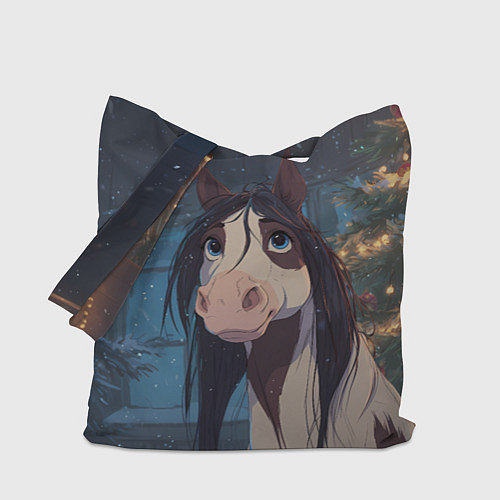 Сумка-шоппер Белая пятнистая новогодняя лошадка / 3D-принт – фото 1