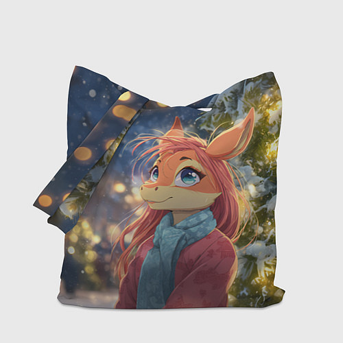 Сумка-шоппер Рыжая лошадка на фоне Нового года / 3D-принт – фото 1