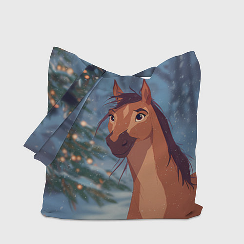 Сумка-шоппер Лошадь на фоне новогодней елки / 3D-принт – фото 1