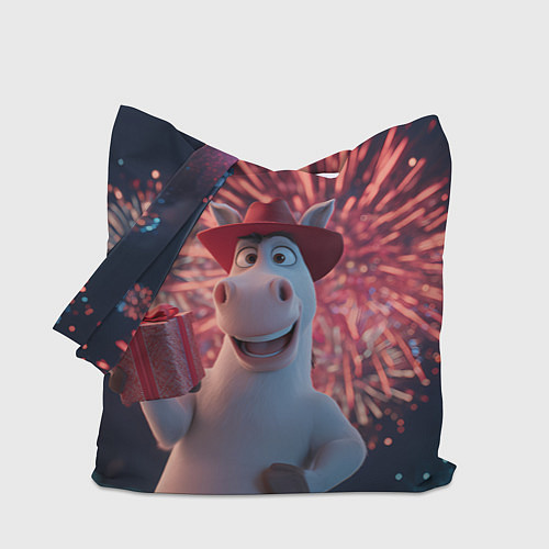 Сумка-шоппер Лошадь с подарком на фоне салюта / 3D-принт – фото 1