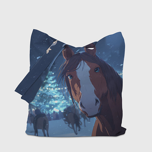 Сумка-шоппер Лошадь на фоне новогодней елки / 3D-принт – фото 1