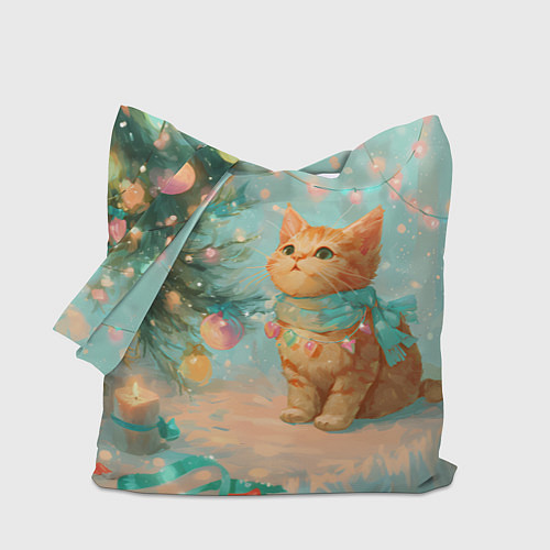 Сумка-шоппер Милый рыжий котенок любуется елкой / 3D-принт – фото 1