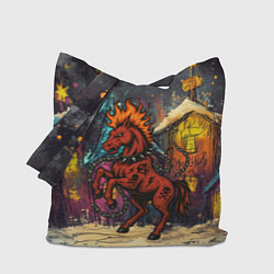 Сумка-шоппер Красная огненная лошадь панк в городе