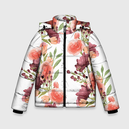 Зимняя куртка для мальчика Цветы на белом / 3D-Черный – фото 1