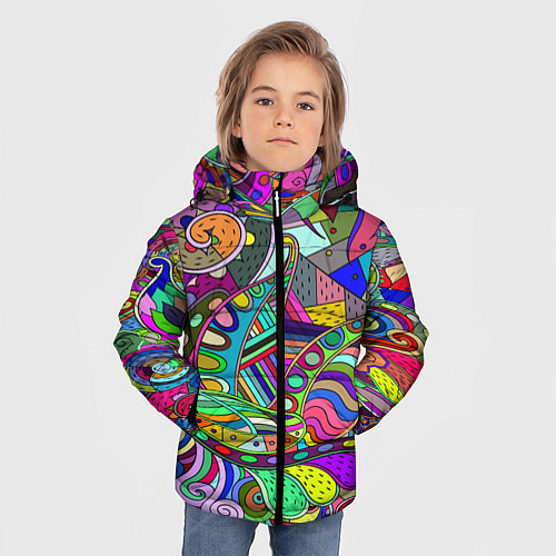 Зимняя куртка для мальчика Дудлы узор разноцветный хиппи / 3D-Красный – фото 3