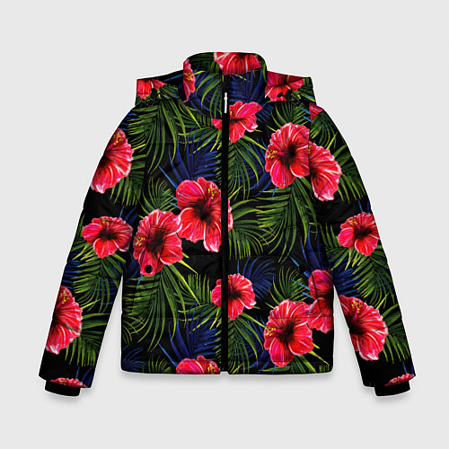 Зимняя куртка для мальчика Тропические цветы и листья / 3D-Черный – фото 1