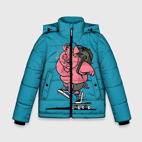 Зимняя куртка для мальчика Свинья на скейте / 3D-Черный – фото 1