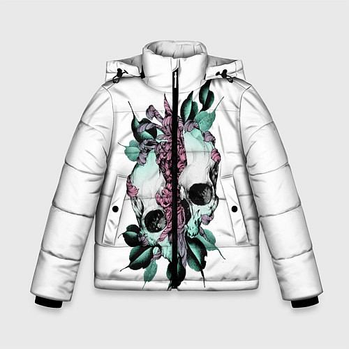 Зимняя куртка для мальчика Череп с японскими цветами / 3D-Светло-серый – фото 1