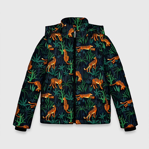 Зимняя куртка для мальчика Паттерн из Тигров и Растений / 3D-Черный – фото 1