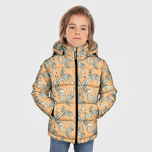 Зимняя куртка для мальчика Тигры на оранжевом паттерн / 3D-Красный – фото 3