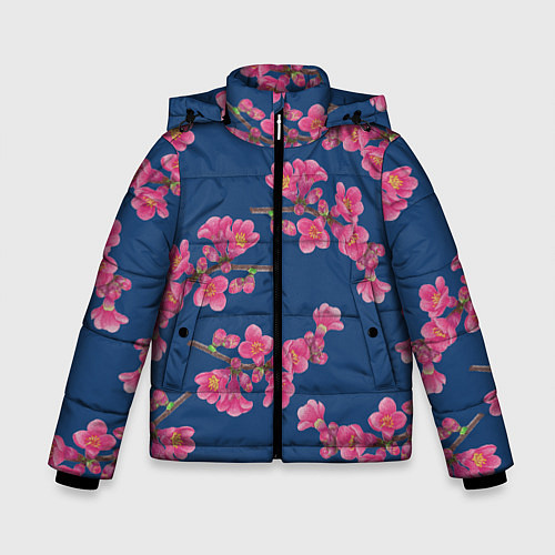 Зимняя куртка для мальчика Веточки айвы с розовыми цветами на синем фоне / 3D-Черный – фото 1