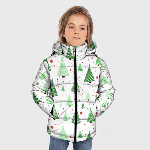 Зимняя куртка для мальчика Много разных зелёных ёлочек на белом фоне плюс кра / 3D-Красный – фото 3