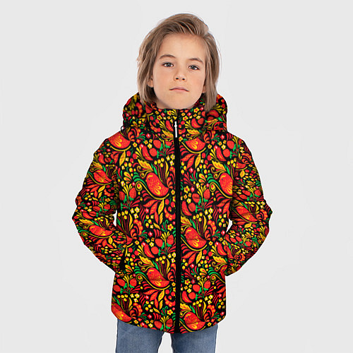 Зимняя куртка для мальчика Желтые и красные цветы, птицы и ягоды хохлома / 3D-Светло-серый – фото 3