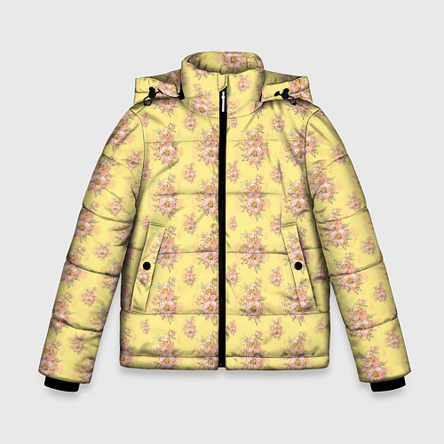 Зимняя куртка для мальчика Розовые пионы на желтом фоне / 3D-Черный – фото 1