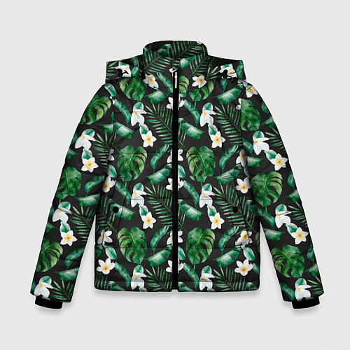 Зимняя куртка для мальчика Зеленые листочки паттерн / 3D-Черный – фото 1