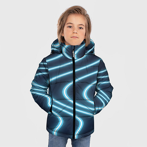 Зимняя куртка для мальчика Неоновый свет Волны голубые на темном фоне / 3D-Светло-серый – фото 3