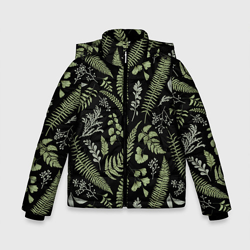 Зимняя куртка для мальчика Зелёные листья папоротника на черном фоне / 3D-Черный – фото 1