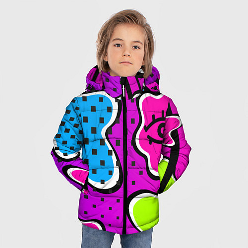 Зимняя куртка для мальчика Яркий абстрактный узор в стиле 90х, неоновые цвета / 3D-Светло-серый – фото 3