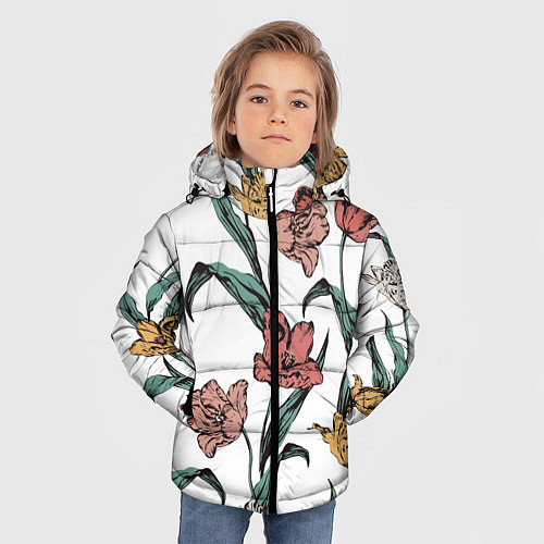 Зимняя куртка для мальчика Цветы Разноцветные Тюльпаны / 3D-Красный – фото 3