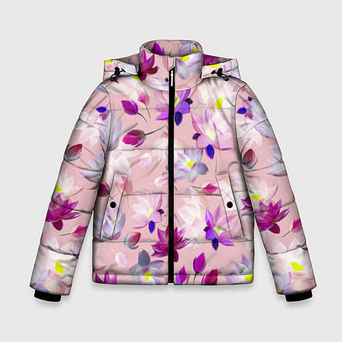Зимняя куртка для мальчика Цветы Разноцветные Лотосы / 3D-Черный – фото 1