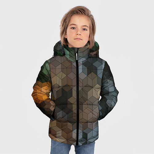 Зимняя куртка для мальчика Геометрический 3D узор в серых и коричневых тонах / 3D-Красный – фото 3