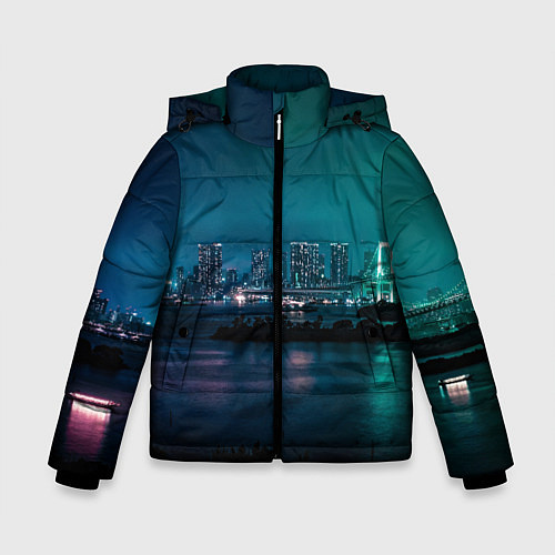 Зимняя куртка для мальчика Неоновый город с рекой - Светло-зелёный / 3D-Черный – фото 1