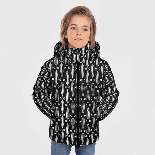 Зимняя куртка для мальчика Черно-белый современный модный узор листья / 3D-Светло-серый – фото 3