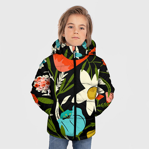 Зимняя куртка для мальчика Яркие цветы на фоне тёмной летней ночи / 3D-Красный – фото 3