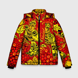 Куртка зимняя для мальчика Хохломская Роспись Две Птици На Красном Фоне, цвет: 3D-черный