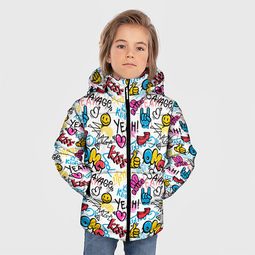Зимняя куртка для мальчика Граффити рожицы / 3D-Красный – фото 3