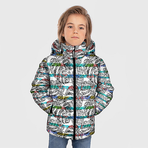 Зимняя куртка для мальчика Черно -белые листья монстеры на цветных полосах / 3D-Красный – фото 3