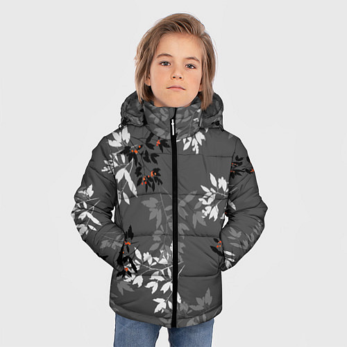 Зимняя куртка для мальчика Черные и серые ветки с красными ягодами на темно-с / 3D-Светло-серый – фото 3