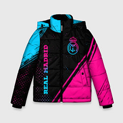Куртка зимняя для мальчика Real Madrid - neon gradient: символ и надпись верт, цвет: 3D-черный