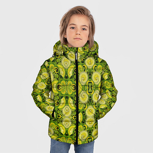 Зимняя куртка для мальчика Зеленые узоры: волны абстракции / 3D-Светло-серый – фото 3