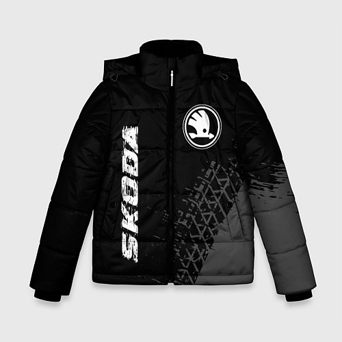 Зимняя куртка для мальчика Skoda speed на темном фоне со следами шин: символ / 3D-Черный – фото 1