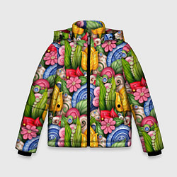 Куртка зимняя для мальчика Тюльпаны объемные листья и цветы, цвет: 3D-черный