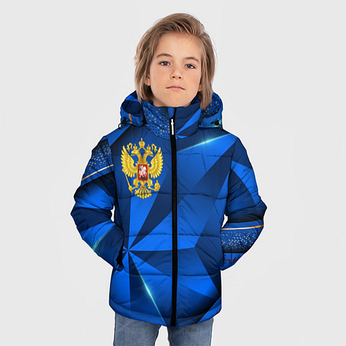 Зимняя куртка для мальчика Герб РФ на синем объемном фоне / 3D-Красный – фото 3