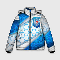 Куртка зимняя для мальчика Синий герб России на объемном фоне, цвет: 3D-красный