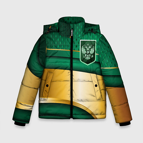Зимняя куртка для мальчика Герб России на зеленой абстракции / 3D-Черный – фото 1