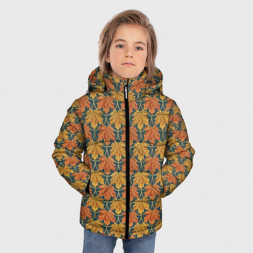 Зимняя куртка для мальчика Осенние кленовые листья в золотой чешуей на бирюзо / 3D-Светло-серый – фото 3