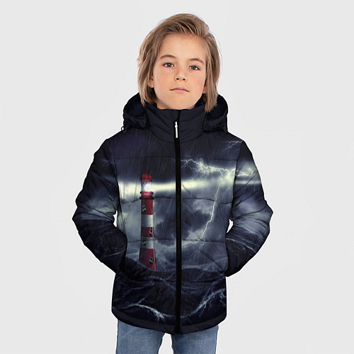 Зимняя куртка для мальчика Маяк и штормовое море в ночи / 3D-Светло-серый – фото 3