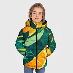 Куртка зимняя для мальчика Листья монстеры и дольки апельсинов, цвет: 3D-черный — фото 2