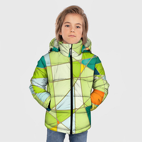 Зимняя куртка для мальчика Абстрактный салатовый стеклянный паттерн / 3D-Светло-серый – фото 3