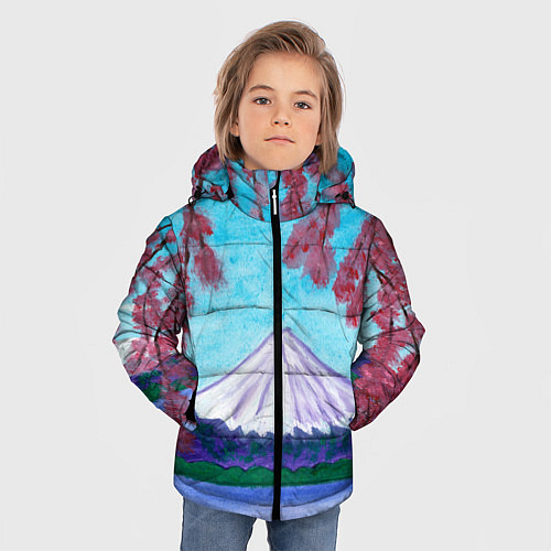 Зимняя куртка для мальчика Цветение сакуры Фудзияма / 3D-Светло-серый – фото 3