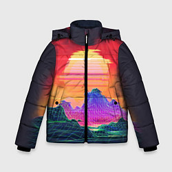 Куртка зимняя для мальчика Синтвейв неоновые горы на закате, цвет: 3D-черный