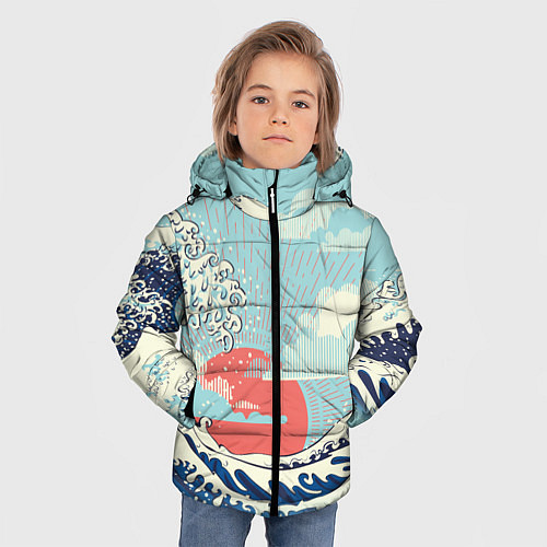 Зимняя куртка для мальчика Морской пейзаж с большими волнами на закате / 3D-Красный – фото 3