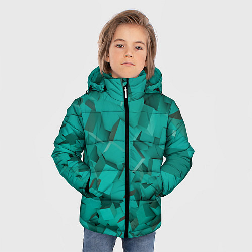 Зимняя куртка для мальчика Абстрактные сине-зелёные кубы / 3D-Красный – фото 3